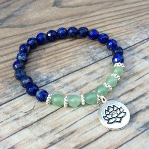 Lapis bracelet with Lotus charm, Aventurine, crystal healing bracelet